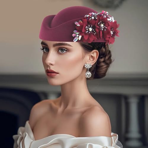 Women Vintage Church Hat Applique Felt Pillbox Hat Fascinator Tea Party Cap - color: Z1-claret