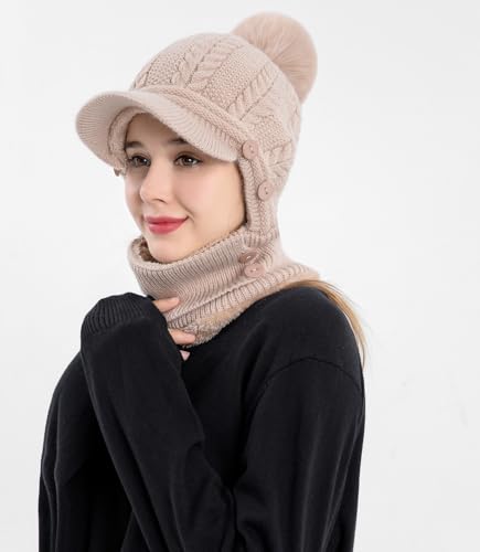 HUAMULAN Women Cable Knit Balaclavas Winter Fleece Lined Beanie Hat - color: Khaki With Pompom