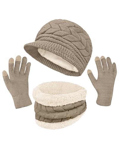 Loritta 3 in 1 Womens Winter Hat Gloves Scarf Set, Warm Hat Mittens - color: Coffe