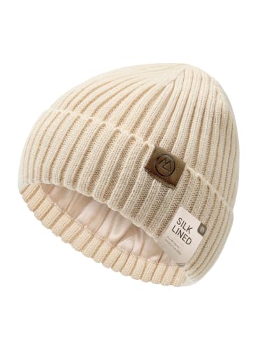 Durio Unisex Silk Lined Beanie Double Layered Winter Hats - color: Beige