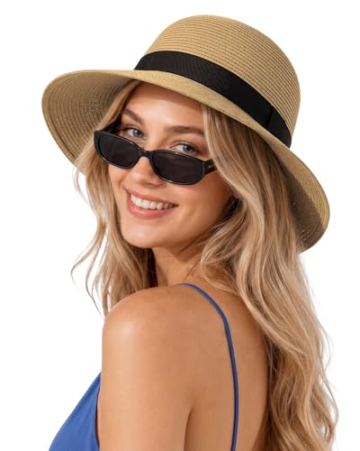 Zylioo 2XL XL L Women’s Straw Sun Hat, Wide Brim Beach Hat UPF 50+, M S Floppy Summer Hat, Vacation Travel Outdoor - color: Floppy Brim-khaki-a