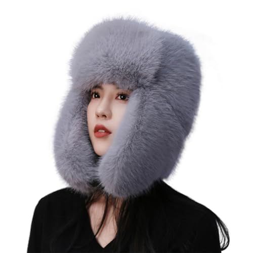 Women's Fluffy Trapper Hat, Long Pile Faux Fur Ushanka hat with Buckle, Luxurious Mink-Style Winter Warm Hat - color: Grey