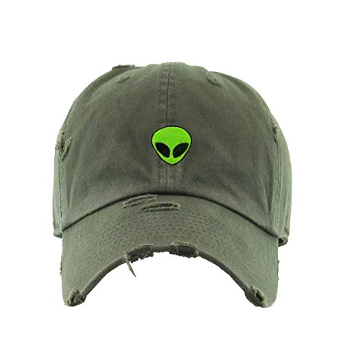 Green Alien Vintage Baseball Cap Embroidered Cotton Adjustable Distressed Dad Hat - color: Olive