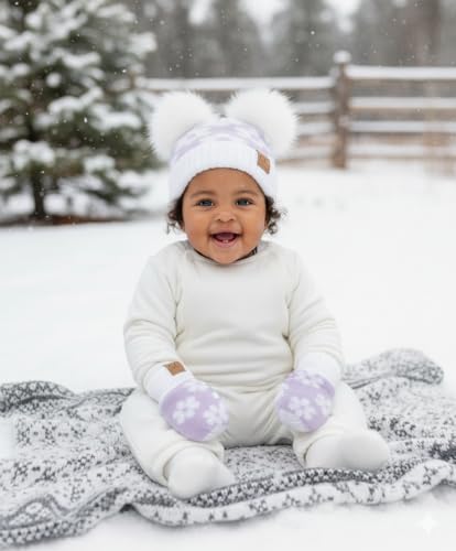 Funky Junque Baby Double Faux Fur Pom Pom Beanie & Mittens Set – Newborn Infant 0–9 Months Winter Hat with Soft Lined Mittens - color: Daisy: Lavender (0-9 Months)