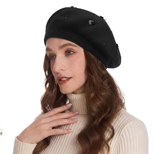 ZLYC Women French Beret Hat Reversible Knit Thickened Warm Artist Cap - color: Paillettes Black