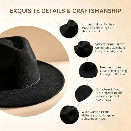 Classic Wide Brim Felt Fedora Hat for Men Women - color: Black