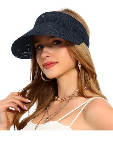 sy soul young Women's Beach Straw Hat with Ponytail Hole Packable Sunhat - color: Navy