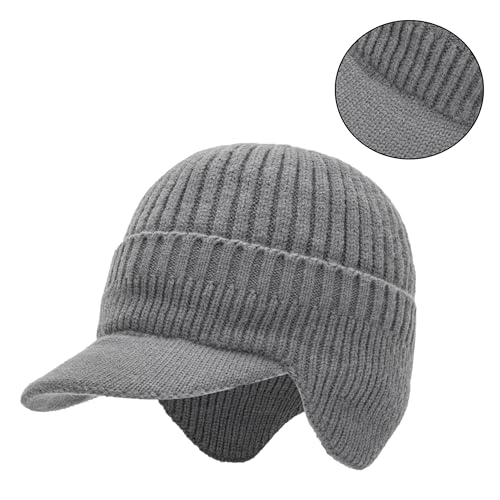 Men Earflap Beanie Knitted Lined Skullies Baseball Cap Windproof Neck Warmer - color: Grey