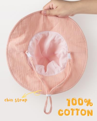 HONGTEYA Baby Sun Hat Muslin Wide Brim Toddler Girl Beach Bucket Hat - color: Pink/Cherry, size: 0-6 Months