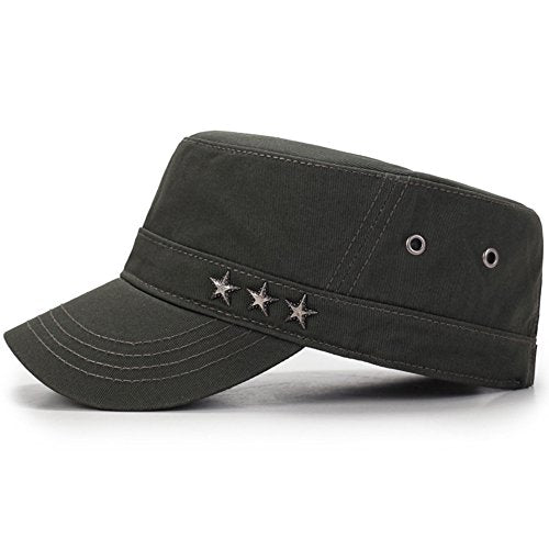 QZUnique Adjustable Flat Top Cap Solid Brim Army Cadet Style Military Hat - color: C- Army Green
