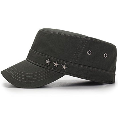QZUnique Adjustable Flat Top Cap Solid Brim Army Cadet Style Military Hat - color: C- Army Green