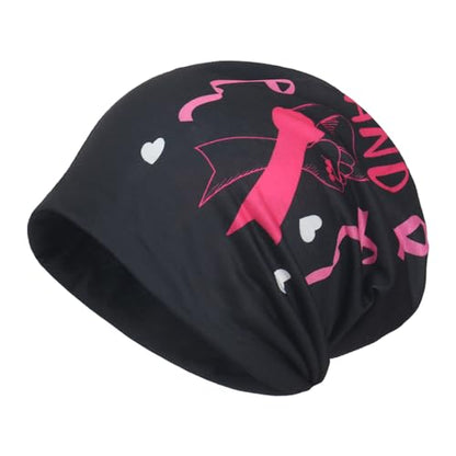 Jemis Sweet Heartwarming Breast Cancer Beanie Hat, Romantic Knitted Hat, Cancer Headwear Caps Baggy Skull Sleep Scarf - color: 2 Pack Red Black & Black