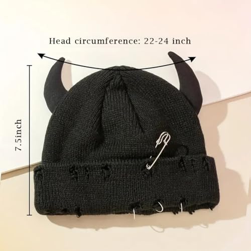 Distressed Ring Beanie Hat for Women Men Slouchy Skull Cap - color: Horns Black