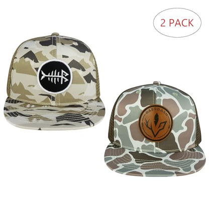 BASSDASH 2 Pack Flat Brim Trucker Cap Adjustable Snapback Hat Mesh Back for Men Women Fishing Hunting - color: Pack of 2, Mountain Camo & Color Block Camo
