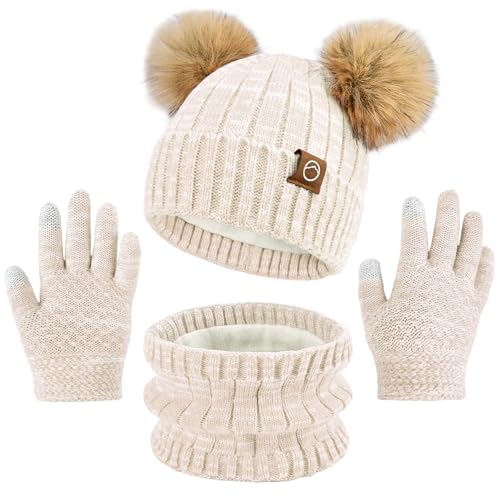 Kids Winter Hat Gloves Scarf Set Girls, Children Beanies Hats with Pom Pom - color: Beige Mix