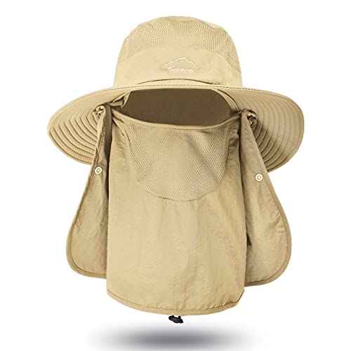 Fishing Hat for Men Sun Protection Hat with Removable Neck Flap Face Cover - color: Khaki
