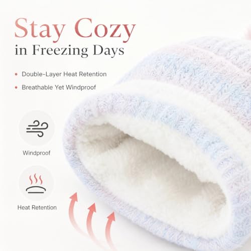 Women‘s Slouchy Knitted Beanie with Pom - Fleece Lined, Ribbed Cap with Stripes - color: Pink