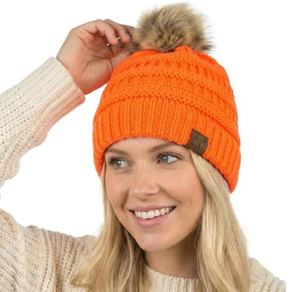 C.C Trendy Fuzzy Fleece Lined Warm Comfortable Soft Stretch Cable Knit Ribbed Faux Fur Pom Pom Beanie Hat - color: Neon Orange