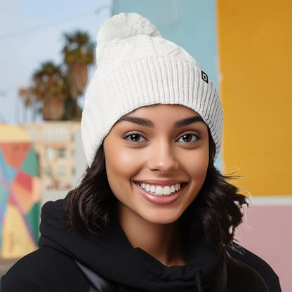 DALIX Cable Knit Pom Beanie Soft Stretch Skully Warm Fuzzy Faux Sherpa Winter Ski Beanie - color: White