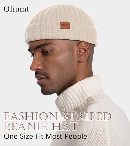 Fisherman Short Beanie Hats for Men, Knit Skull Cap Cuff Trawler Hat Mens Stylish Watch Cap Winter Warm Hat for Daily Wear - color: Beige