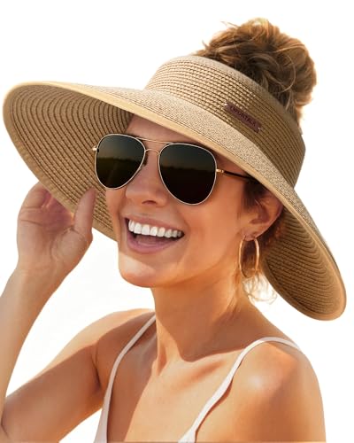 FURTALK Womens Sun Hat with Ponytail Hole Wide Brim Beach Straw Visor - color: Khaki