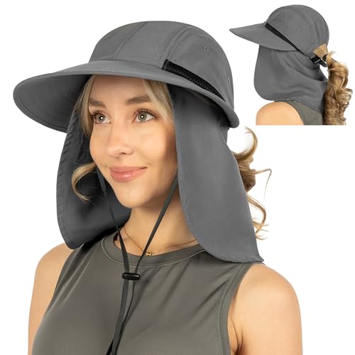 SUN CUBE Womens Sun Hat UPF 50+ with Ponytail Hole & Neck Flap - color: Gray