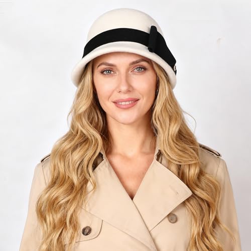 Women Solid Color 100% Wool Winter Hat Women Cloche Bucket Bowler with Bowknot - color: White With Black Bow