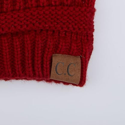 C.C Fur Pom Winter Fall Trendy Chunky Stretchy Cable Knit Beanie Hat - color: Solid Red