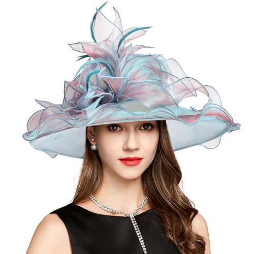 2026 Derby Hat, Classy Sun Hats for Women Ladies, Organza Feather Kentucky Fascinator for Tea Party Church UV Protection - color: S10-3700-peacock Blue