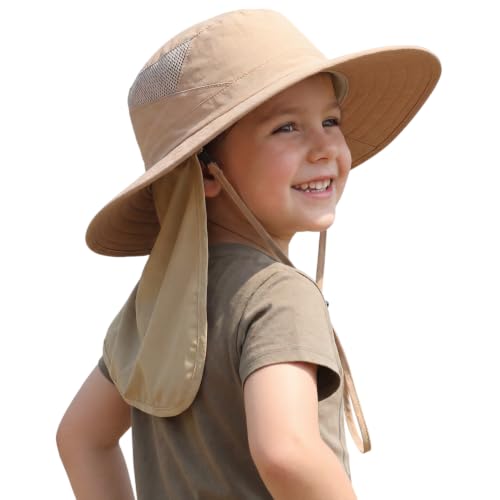 Home Prefer UPF 50+ Sun Hat with Neck Flap Toddler Boys Girls Wide Brim Bucket Hat Quick Dry Kids Safari Beach Adventure Hat - color: Khaki, size: 2-4T