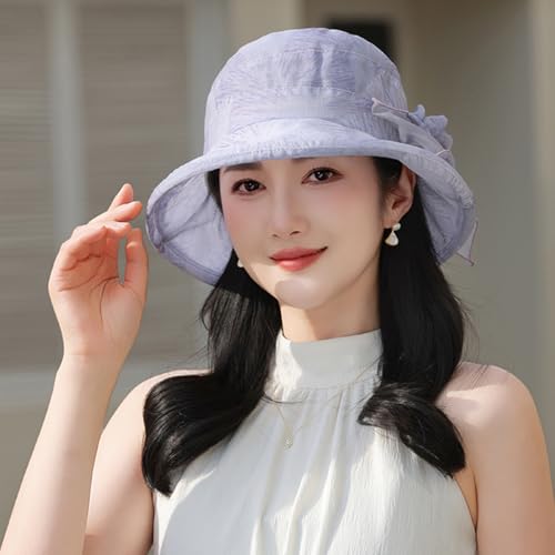 LumiSyne Women's Tulle Sun Hat Floral Bucket Hat Vintage Elegant Cloche Hat with Upturn Brim Summer Cap for Beach Travel - color: Purple