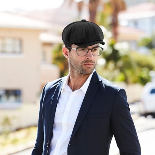 meioro Men's 8 Panel Newsboy Hat Winter Vintage Tweed Flat Cap - color: Black