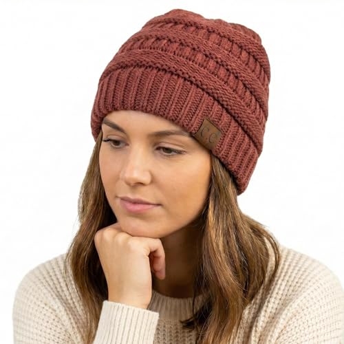 C.C Unisex Chunky Soft Stretch Cable Knit Warm Fuzzy Lined Skully Beanie - color: Brick