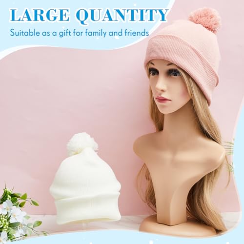 Geyoga 2 Pcs Pom Beanie Hat Men Women Winter Hat Pom Knit Cap Beanies with Ball at Top Acrylic Winter Cap with Cuff - color: Cinnamon Powder, White, style: Classical