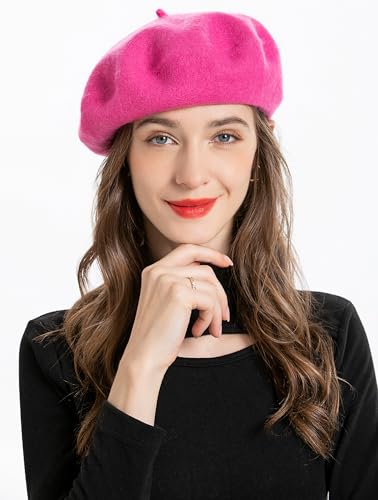 ZLYC Wool French Beret Hat Solid Color Classic Artist Cap for Women - color: Hot Pink