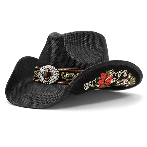 FLUFFY SENSE. Cowboy Hats for Women and Men Straw Western Hat Embroidered Cowboy Hat for Cowboys and Cowgirls - color: Black, size: Medium-Large