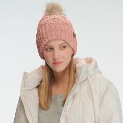 C.C Knit Beanie Hat – Fuzzy Fleece Lined Warm Winter Hat, Faux Fur Pom Soft Stretchy Slouchy Knit Cap, Cold Weather Beanie - color: Indi Pink