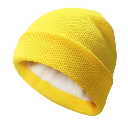 PFFY Beanie for Men Women Unisex Knit Cuffed Winter Thick Lined Beanies Hat - color: Pure Yellow