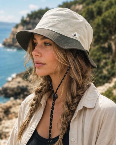 CLAPE Sun Protection Bucket Hat for Men Women, Reversible Packable Sun Hat with Chin Strap for Travel Hiking Beach - color: Bk2601-beigetaupe