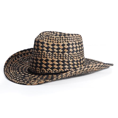 Straw Cowboy Cowgirl Hats for Women Men Summer Beach Hat Shapeable Brim - color: Black Grid