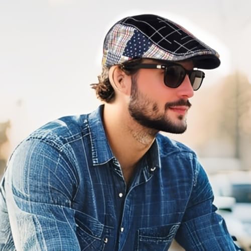 Cabbie Hats for Men Summer,Cotton Beret Newsboy Hat Ivy Gatsby Adjustable Flat Cap Beret for Driving - color: Cotton -Black C