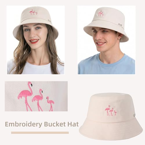 ZLYC Cotton Bucket Hat for Women Men Embroidered Packable Summer Sun Cap - color: Beige Flamingo