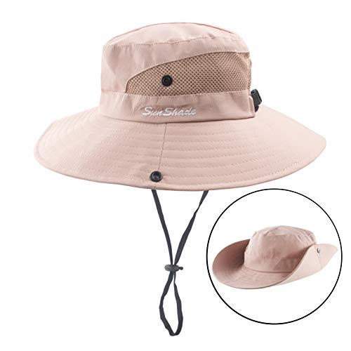 Muryobao Women's Ponytail Sun Hat UV Protection Foldable Mesh Wide Brim Beach Fishing Hat - color: Pure Pink