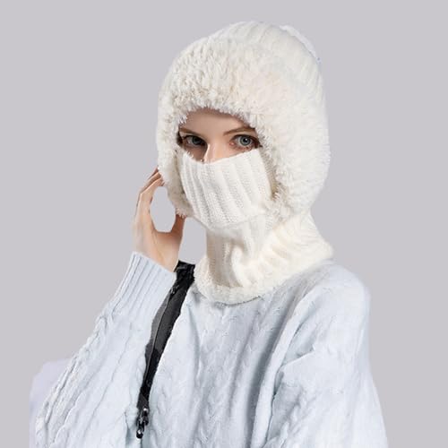Women’s Knitted Beanie Hat with Face Cover - 3 in 1 Winter Balaclava with Mask Scarf Ear Muffs Pompom Fleece Lined Snow Caps - color: White-a