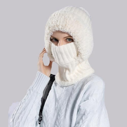 Women’s Knitted Beanie Hat with Face Cover - 3 in 1 Winter Balaclava with Mask Scarf Ear Muffs Pompom Fleece Lined Snow Caps - color: White-a