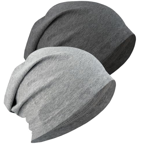 ROYBENS 100% Cotton Thin Slouchy Beanie Hat Women Men Lightweight Chemo Cap - color: 2pcs Light Grey+charcoal Grey