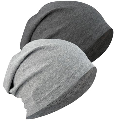 ROYBENS 100% Cotton Thin Slouchy Beanie Hat Women Men Lightweight Chemo Cap - color: 2pcs Light Grey+charcoal Grey