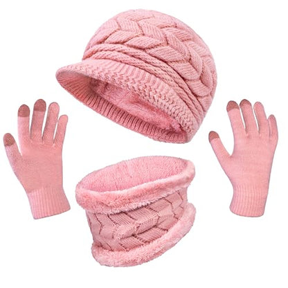 Loritta 3 in 1 Womens Winter Hat Gloves Scarf Set, Warm Hat Mittens - color: Pink