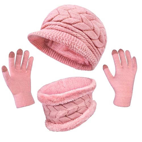 Loritta 3 in 1 Womens Winter Hat Gloves Scarf Set, Warm Hat Mittens - color: Pink