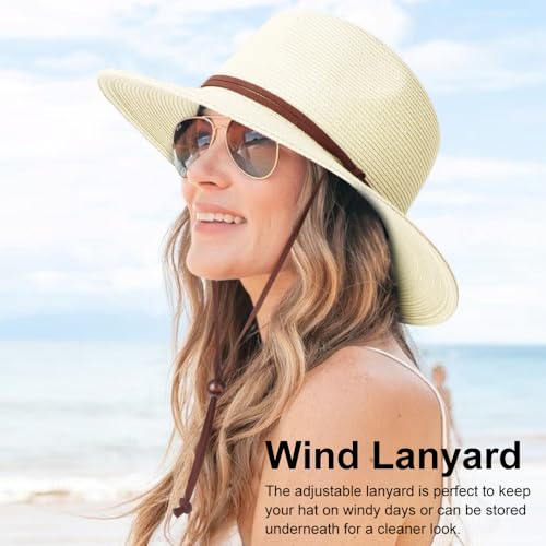 DRESHOW Womens Summer Straw Sun Hat Wide Brim Bucket Hats Fedora Hat Panama Beach Hat with Chin Strap UPF 50+ - color: 1 Pack Panama Hat: Oatmeal White
